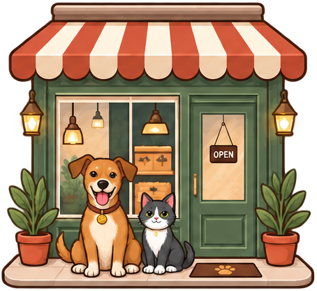Fachada ilustrada do Empório dos Focinhos com o cachorro caramelo e o gato na porta